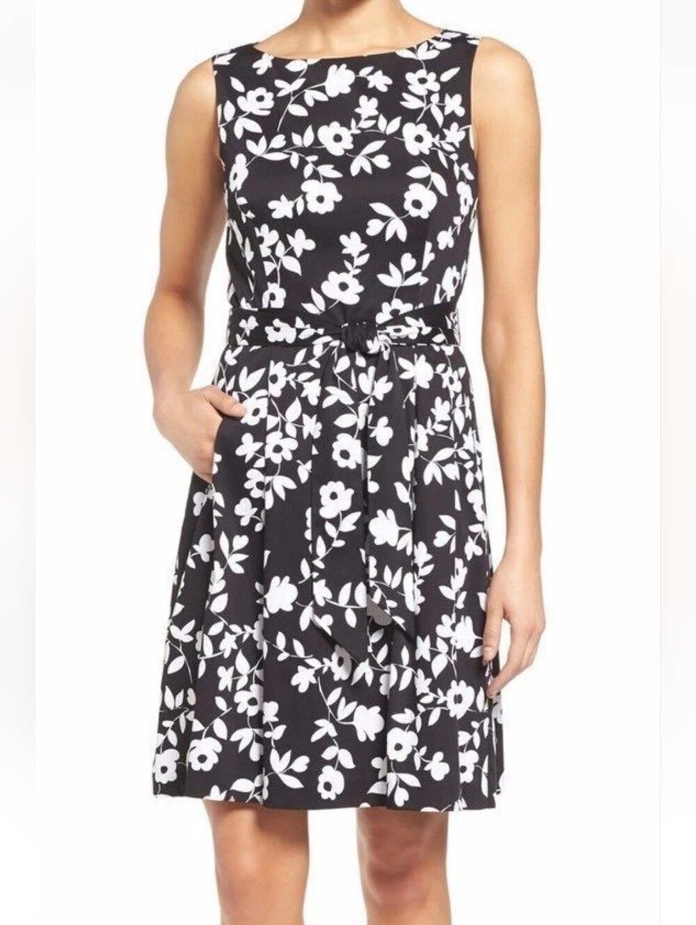 Anne Kline black white bold flower print tie waist belt dress with pockets 10